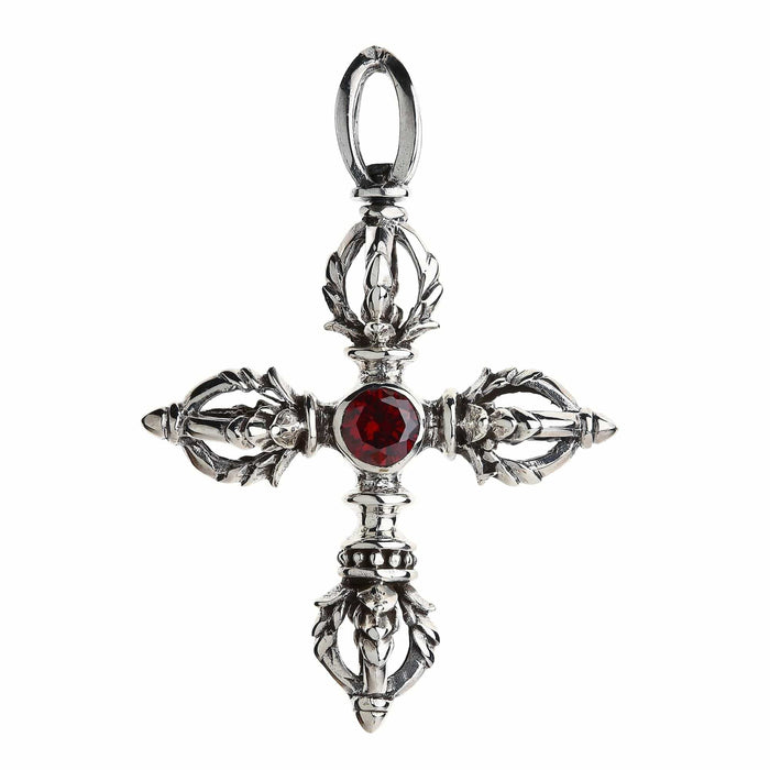 Front view of the Tibetan vajra cross pendant showing four dorje arms around a ruby-red CZ