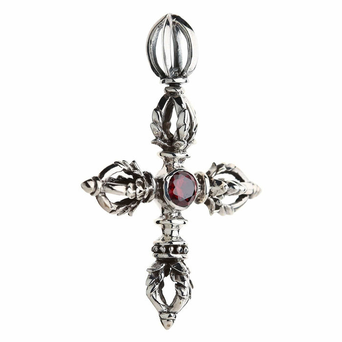 Angled view of the double dorje silver pendant highlighting the dimensional cast leaf detailing
