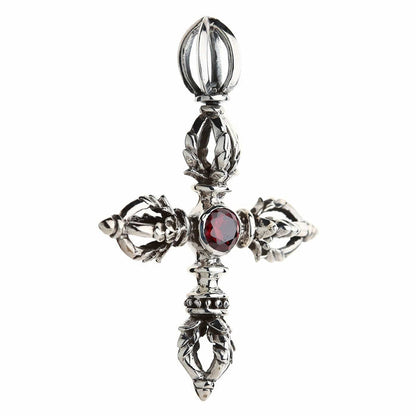 Angled view of the double dorje silver pendant highlighting the dimensional cast leaf detailing