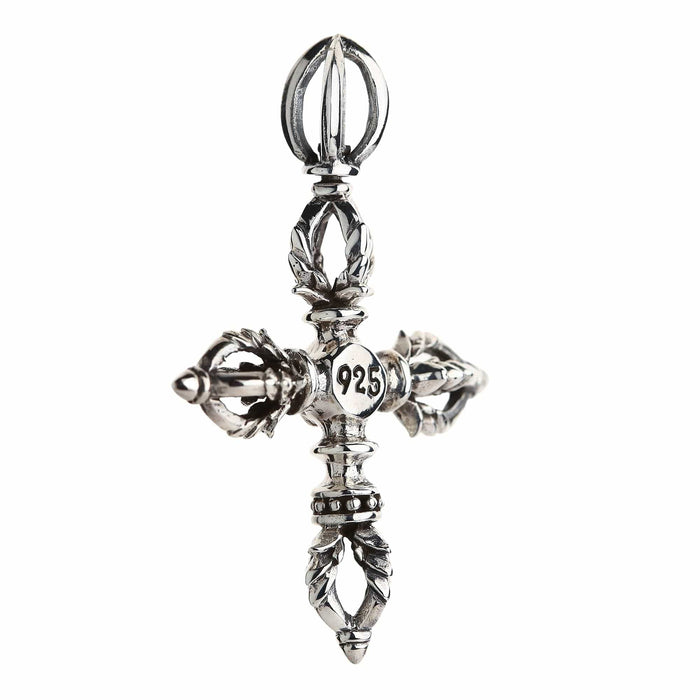 Back angle of the Tibetan vajra cross pendant showing the 925 stamp and unset reverse arms