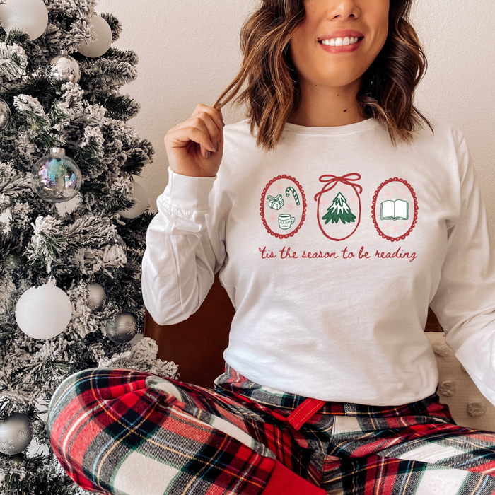 'Tis the Season to be Reading Long-Sleeve Tee - The Bean Workshop - Book Lover Gift, Bookaholic, Bookish Humor, Christmas Gift, Cozy Christmas Shirt for Bookworms, Festive Apparel, Hand-Drawn, Holiday Doodles, Holiday Reading Tee, Loungewear, Reader Gift, Tis the Season to be Reading Long Sleeve, Winter Wear