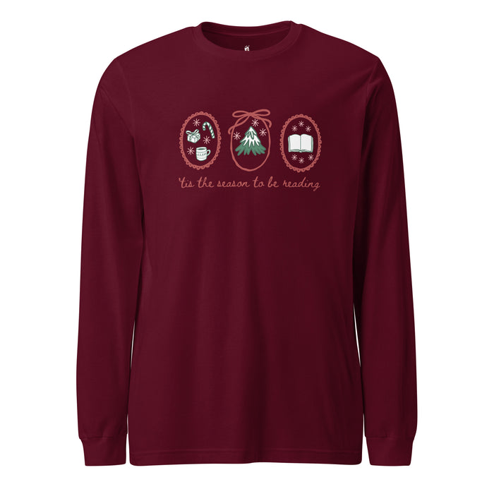 'Tis the Season to be Reading Long-Sleeve Tee - The Bean Workshop - Book Lover Gift, Bookaholic, Bookish Humor, Christmas Gift, Cozy Christmas Shirt for Bookworms, Festive Apparel, Hand-Drawn, Holiday Doodles, Holiday Reading Tee, Loungewear, Reader Gift, Tis the Season to be Reading Long Sleeve, Winter Wear