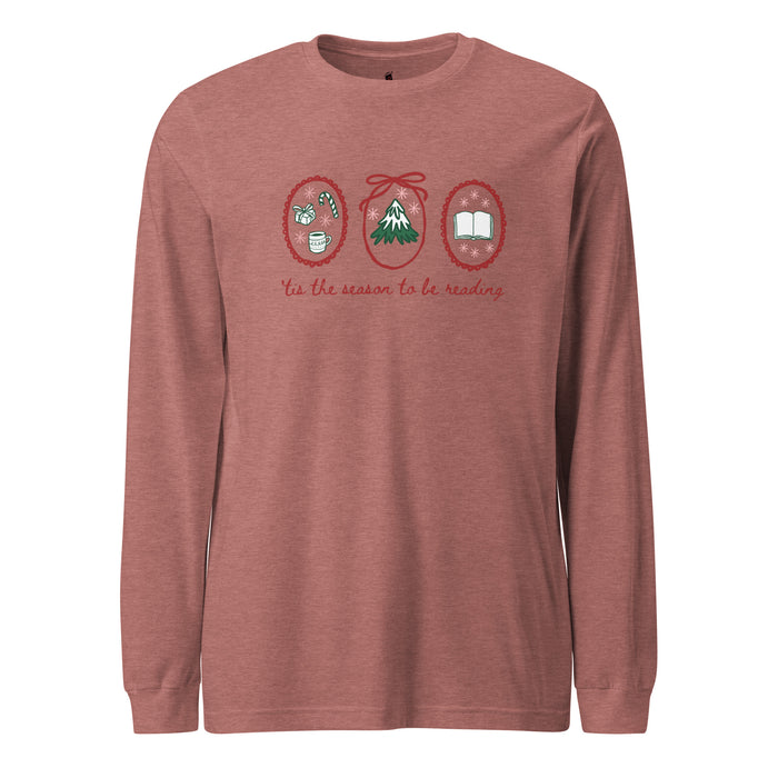 'Tis the Season to be Reading Long-Sleeve Tee - The Bean Workshop - Book Lover Gift, Bookaholic, Bookish Humor, Christmas Gift, Cozy Christmas Shirt for Bookworms, Festive Apparel, Hand-Drawn, Holiday Doodles, Holiday Reading Tee, Loungewear, Reader Gift, Tis the Season to be Reading Long Sleeve, Winter Wear