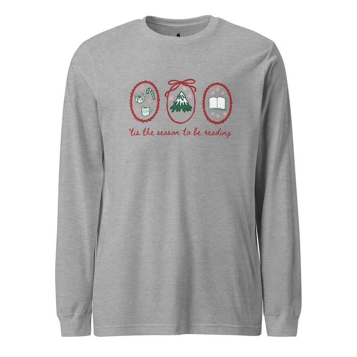 'Tis the Season to be Reading Long-Sleeve Tee - The Bean Workshop - Book Lover Gift, Bookaholic, Bookish Humor, Christmas Gift, Cozy Christmas Shirt for Bookworms, Festive Apparel, Hand-Drawn, Holiday Doodles, Holiday Reading Tee, Loungewear, Reader Gift, Tis the Season to be Reading Long Sleeve, Winter Wear