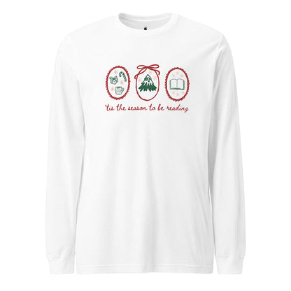 'Tis the Season to be Reading Long-Sleeve Tee - The Bean Workshop - Book Lover Gift, Bookaholic, Bookish Humor, Christmas Gift, Cozy Christmas Shirt for Bookworms, Festive Apparel, Hand-Drawn, Holiday Doodles, Holiday Reading Tee, Loungewear, Reader Gift, Tis the Season to be Reading Long Sleeve, Winter Wear