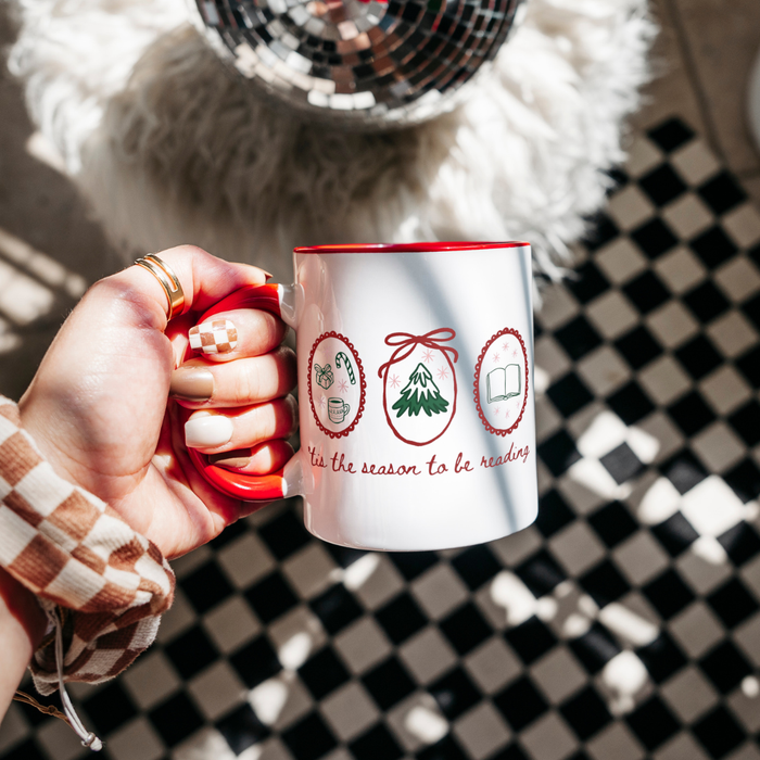 'Tis the Season to be Reading Mug with Color Inside - The Bean Workshop - Book Lover Gift, Bookish Humor, Bookworm Gift, Ceramic Mug, Christmas Coffee Mug for Readers, Cozy Christmas, Festive Doodles, Hand-Drawn, Holiday Mug, Hot Chocolate Mug, Secret Santa, Stocking Stuffer, Tis the Season to be Reading Mug
