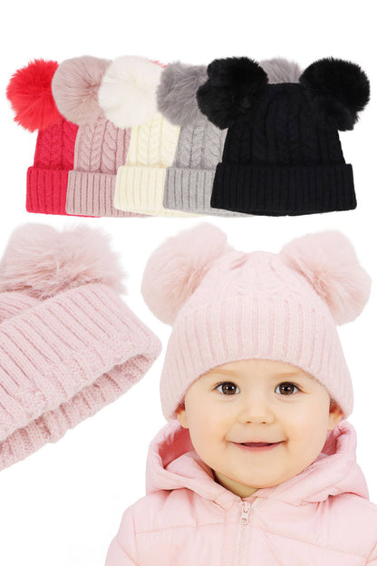 Toddlers Cable Knitted Double Pom Beanie