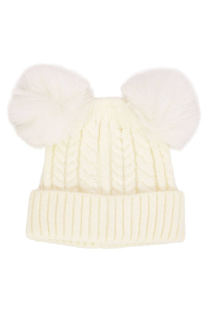 Toddlers Cable Knitted Double Pom Beanie