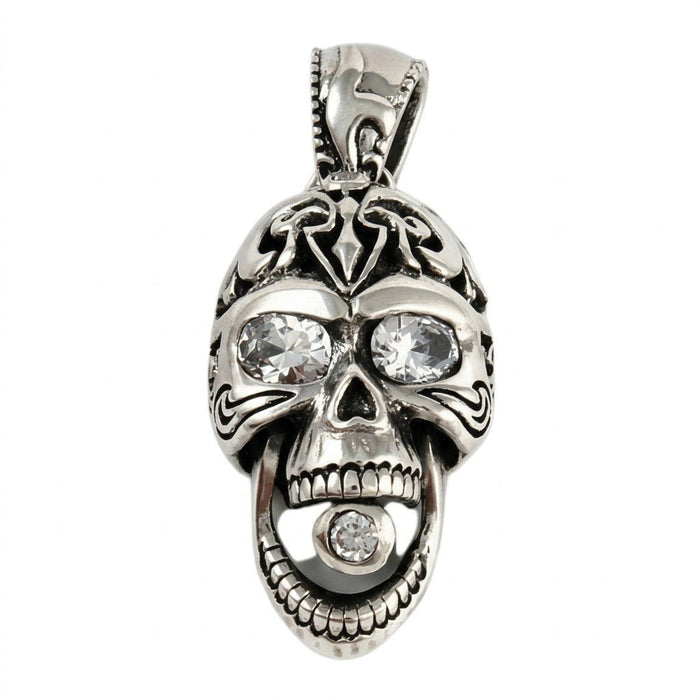 Sterling silver laughing skull pendant featuring an open jaw, tribal engravings, and clear CZ stones in the eyes and mouth.
