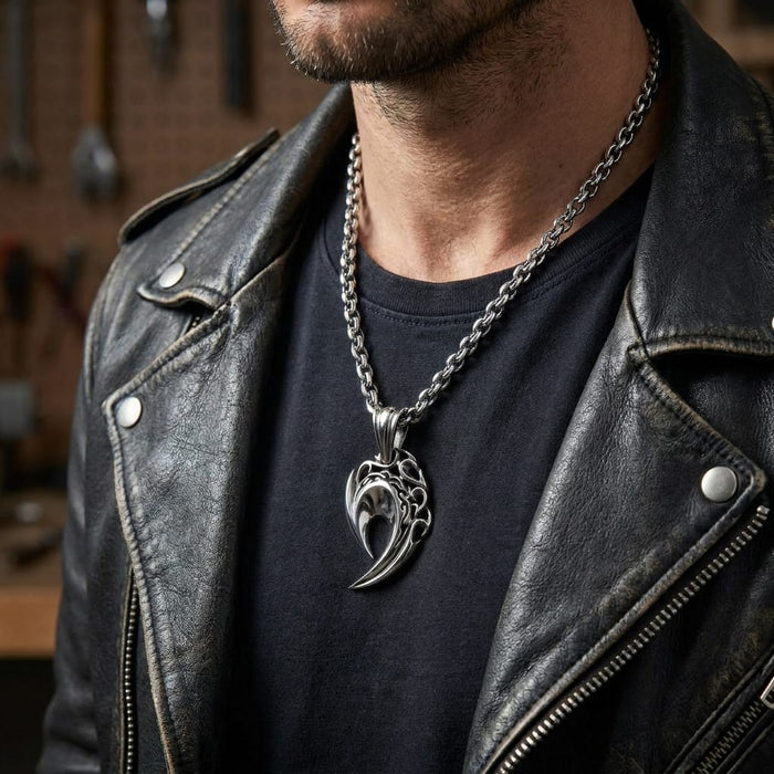 A man wearing a distressed black leather jacket and black t-shirt models a silver tribal fang pendant on a heavy silver chain necklace against a blurred workshop background.
