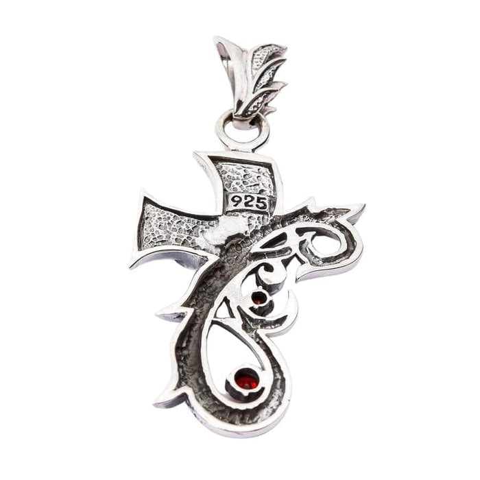 Back view of the cross pendant showing the textured finish and 925 hallmark stamp.