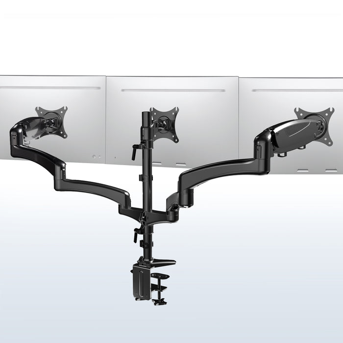 Triple Monitor Height Adjustable Desk Mount, 2 Pneumatic Arms, 1 Fixed, Counterbalance Stand