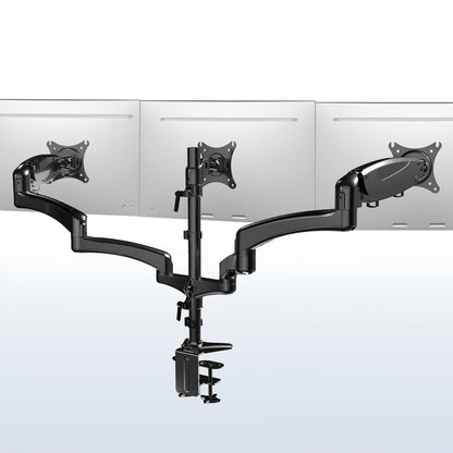 Triple Monitor Height Adjustable Desk Mount, 2 Pneumatic Arms, 1 Fixed, Counterbalance Stand