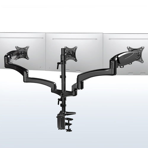 Triple Monitor Height Adjustable Desk Mount, 2 Pneumatic Arms, 1 Fixed, Counterbalance Stand