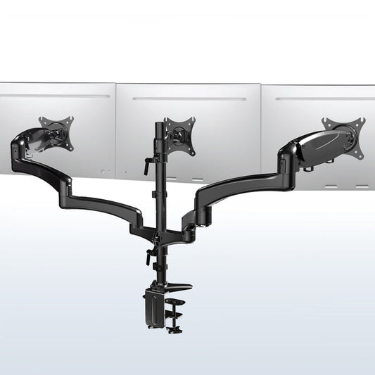 Triple Monitor Height Adjustable Desk Mount, 2 Pneumatic Arms, 1 Fixed, Counterbalance Stand