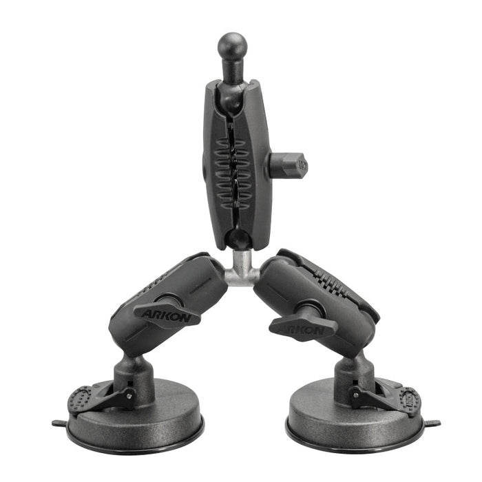 The Triple Robust Double Windshield Suction Mount is a black, heavy-duty mount with dual suction cups, adjustable arms and joints, and 17mm ball compatibility—perfect for securely attaching gear to smooth surfaces like windshields.