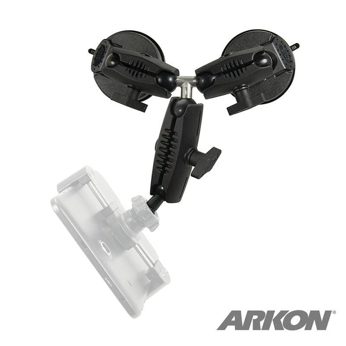 The Triple Robust Double Windshield Suction Mount features dual black suction cups, adjustable arms, a transparent holder, and ARKON branding. Its built for durability and is compatible with 17mm ball accessories.