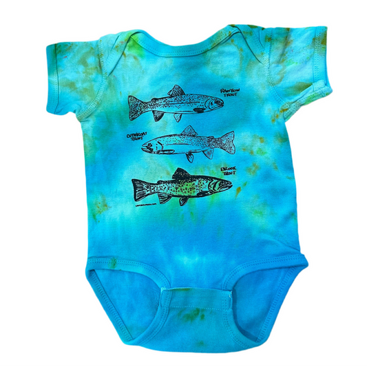 Trout Onesie, eco-friendly waterbased inks