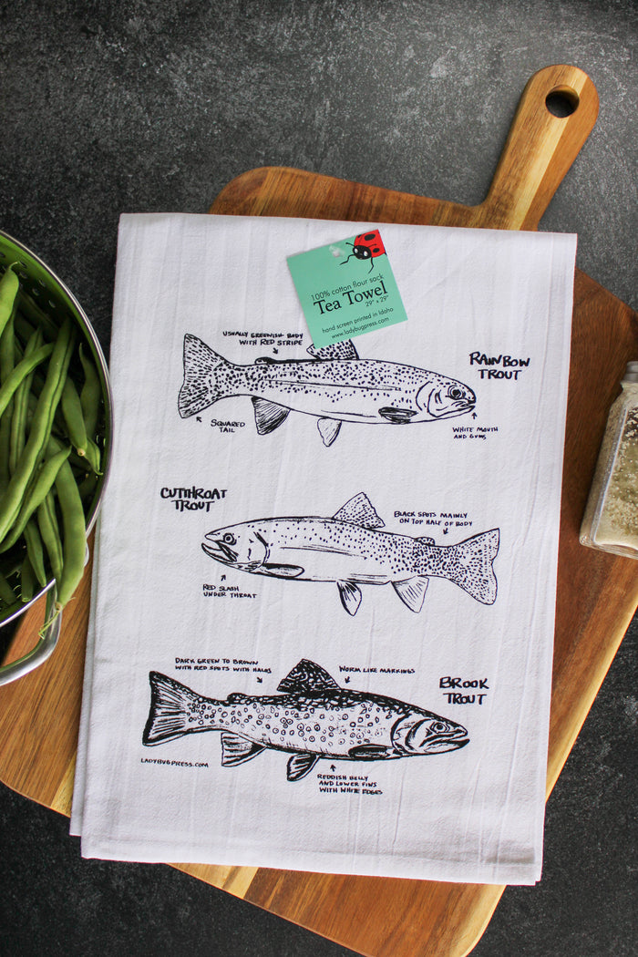 Trout Tea Towel, Screen Printed flour sack dish towel