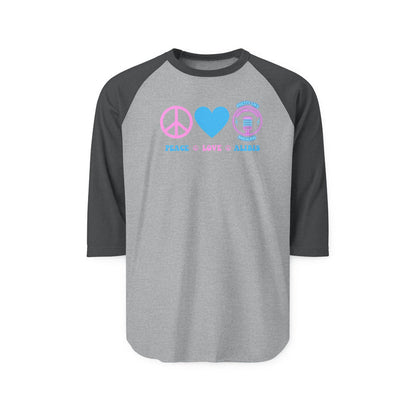 Unisex  Peace Love Alibis Three-Quarter Sleeve Raglan Shirt New 2025