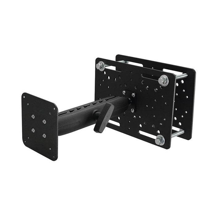The VESA Mount with Forklift Overhead Guard Mount and 8.5 Metal Shaft is a heavy-duty black bracket with multiple screw holes, bolts, a rectangular base, and an extending arm for secure device or equipment attachment to walls.