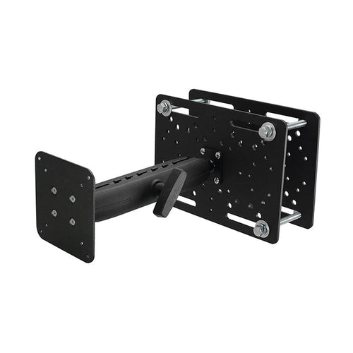 The VESA Mount with Forklift Overhead Guard Mount and 8.5 Metal Shaft is a heavy-duty black bracket with multiple screw holes, bolts, a rectangular base, and an extending arm for secure device or equipment attachment to walls.