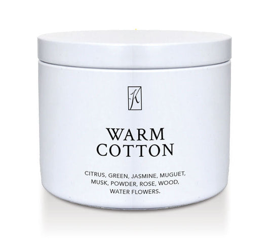 White container of 'Warm Cotton' fragrance with brand logo on a white background