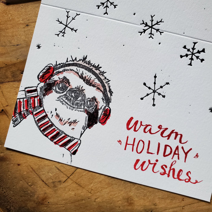 Warm Holiday Wishes Sloth, Letterpress Printed Card, eco friendly