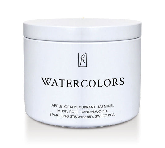 White container labeled 'Watercolors' with fragrance notes on a white background
