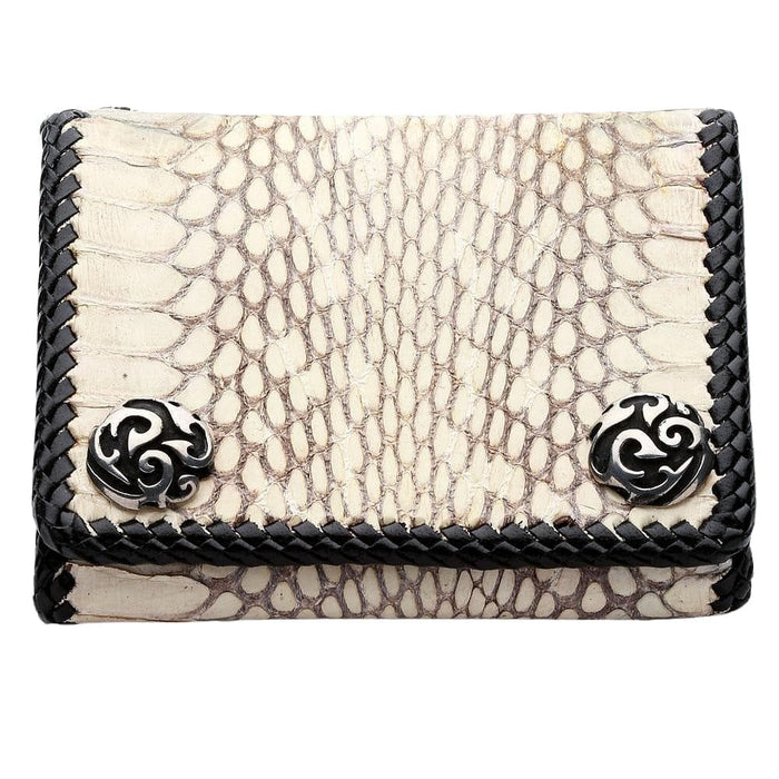 The closed genuine white cobra snake biker wallet, showing the silver snaps and black braided edge.