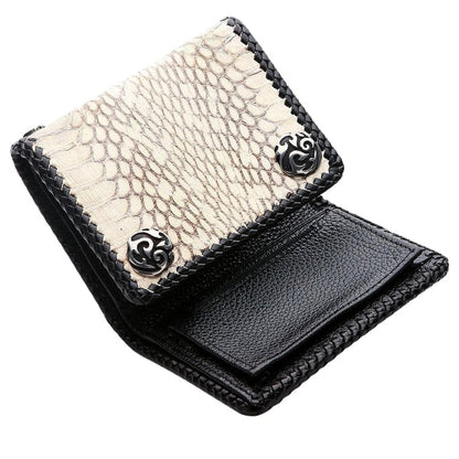 A view of the trifold cobra snake wallet partially open, showing the black leather interior.