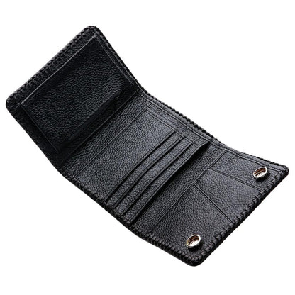 The interior of the cobra snake biker wallet, showing the black cowhide trifold design.
