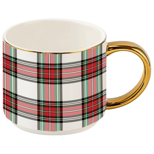 White Plaid 14 oz Gold Handle Coffee Mug - Sweet Water Decor - Coffee Mugs
