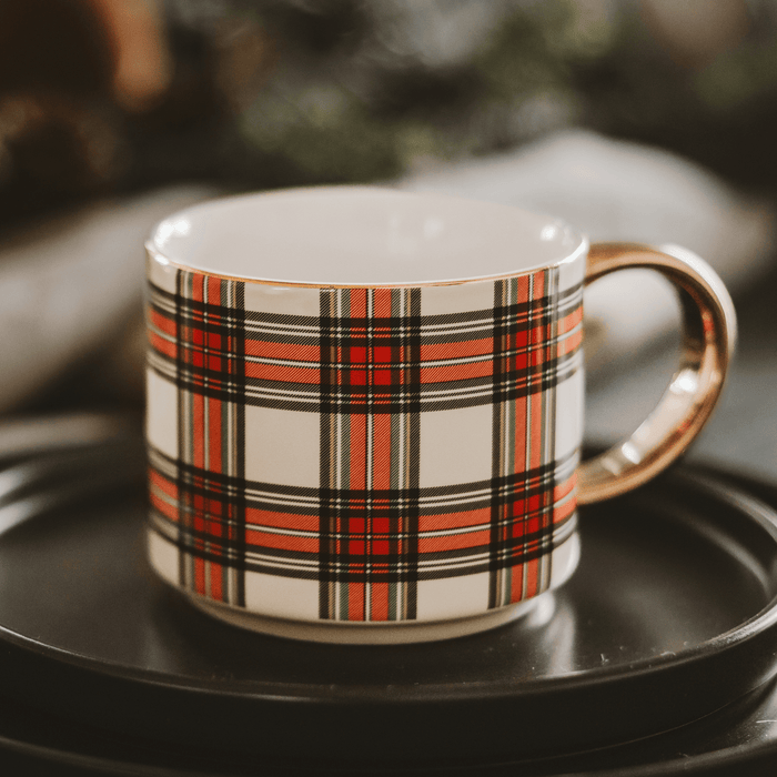 White Plaid 14oz. Gold Handle Coffee Mug - Sweet Water Decor - Coffee Mugs