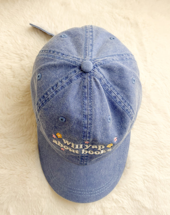 Will Yap About Books Embroidered Pigment Dyed Cap - The Bean Workshop - book lover, bookish, bookish hat, cap, cotton twill cap, Embroidered Bookish Cap, embroidered cap, embroidered hat, gift for book lovers, hat, pigment dyed cap, Reading Cap, Structured Twill Cap