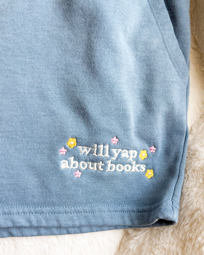 Will Yap About Books Embroidered Wave Wash Fleece Shorts - The Bean Workshop - book club, book lover, Book lover gift idea, book lovers, bookaholic, bookaholic gift, bookish, Bookish Apparel, bookish gift, Bookish Loungewear, Booktok, bookworm gift, Fantasy Book Merch, shorts