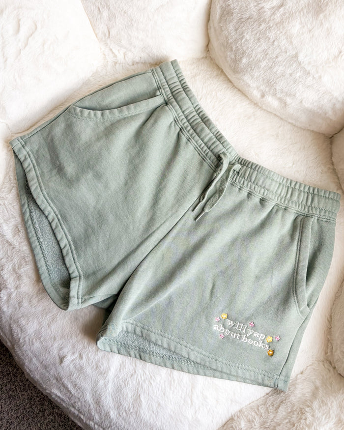 Will Yap About Books Embroidered Wave Wash Fleece Shorts - The Bean Workshop - book club, book lover, Book lover gift idea, book lovers, bookaholic, bookaholic gift, bookish, Bookish Apparel, bookish gift, Bookish Loungewear, Booktok, bookworm gift, Fantasy Book Merch, shorts