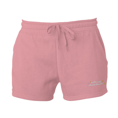 Will Yap About Books Embroidered Wave Wash Fleece Shorts - The Bean Workshop - book club, book lover, Book lover gift idea, book lovers, bookaholic, bookaholic gift, bookish, Bookish Apparel, bookish gift, Bookish Loungewear, Booktok, bookworm gift, Fantasy Book Merch, shorts