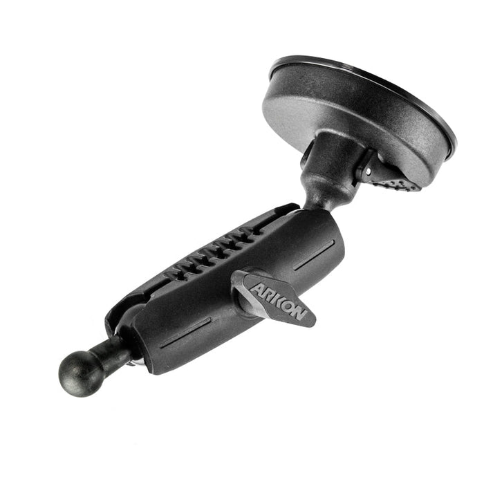 The Windshield Suction Mount - 17mm Ball Compatible is a black heavy-duty mount with an adjustable arm and 17mm ball head for holding devices. ARKON is printed on the adjustment knob.