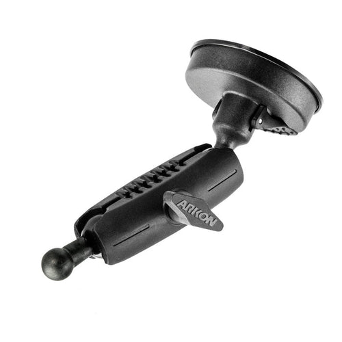 The Windshield Suction Mount - 17mm Ball Compatible is a black heavy-duty mount with an adjustable arm and 17mm ball head for holding devices. ARKON is printed on the adjustment knob.