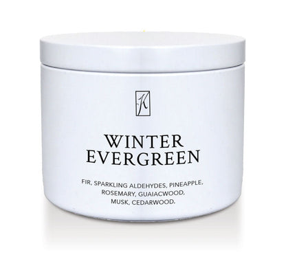 White container of 'Winter Evergreen' candle with a brand logo on a white background