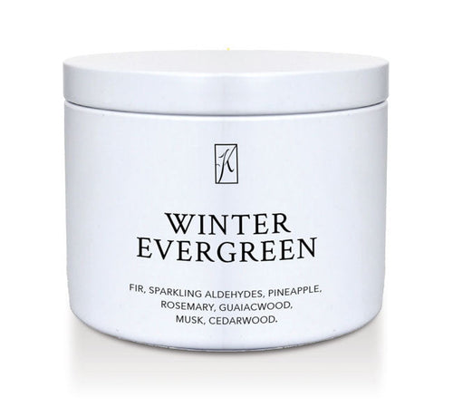 White container of 'Winter Evergreen' candle with a brand logo on a white background