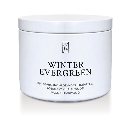 White container of 'Winter Evergreen' candle with a brand logo on a white background