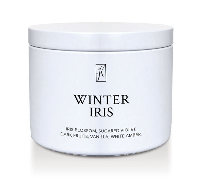 White container of 'Winter Iris' fragrance with a logo on a white background