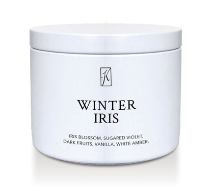 White container of 'Winter Iris' fragrance with a logo on a white background