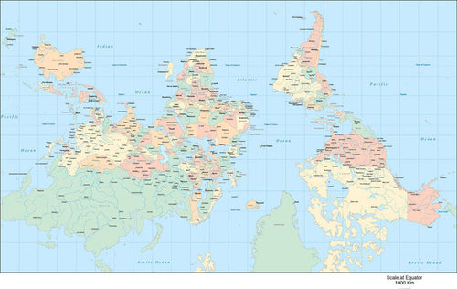 World Map - Upside-Down with Country Boundaries