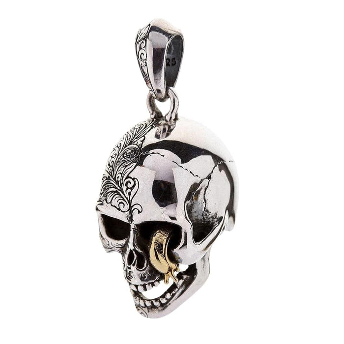 Profile view of the sterling silver skull pendant showcasing the smooth, polished side and cracked details.