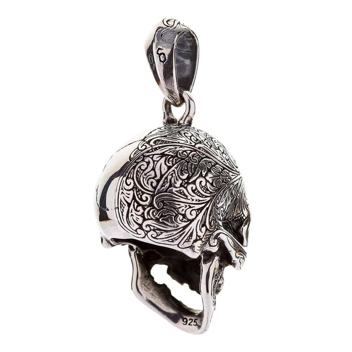 Detail of the engraved bail on the handcrafted 925 sterling silver worm skull pendant.
