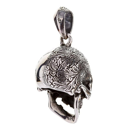 Detail of the engraved bail on the handcrafted 925 sterling silver worm skull pendant.