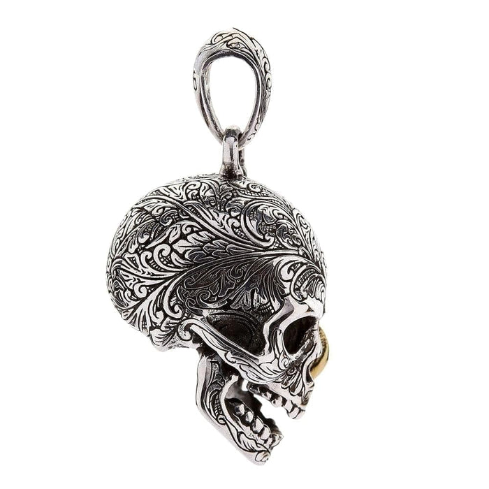 Side view of the worm skull pendant highlighting the intricate floral engravings on solid 925 sterling silver.